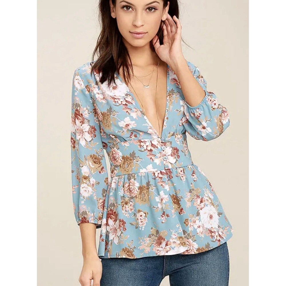 Lulus Reflextion on Me Sz L Light Blue Boho Floral Ruffled Hem Top Feminine Chic